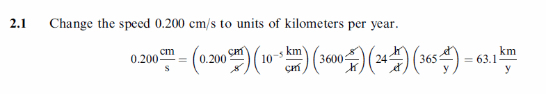 Change the speed O.2OO cm/s to units of kilometers per year.