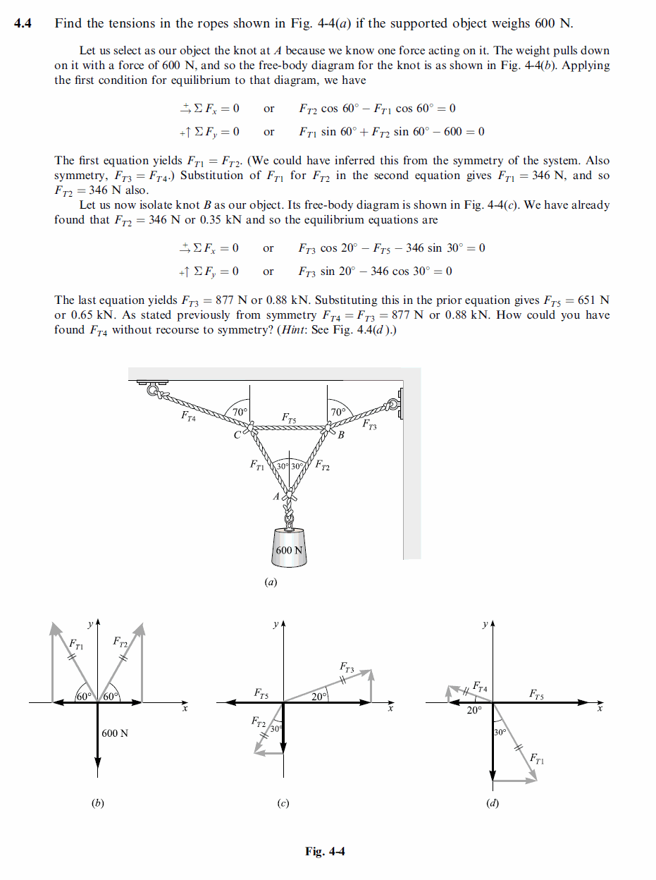 Find the tensions in the ropes shown in Fig. 4-4(a) if the supported object weig