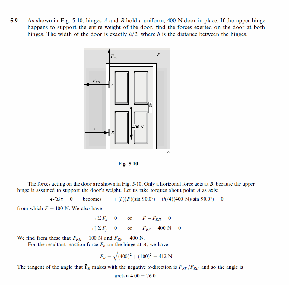 As shown in Fig. 5-10, hinges A and B hold a uniform, 400-N door in place. If th