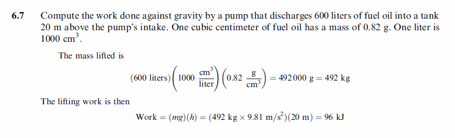 Compute the work done against gravity by a pump that discharges 600 liters of fu