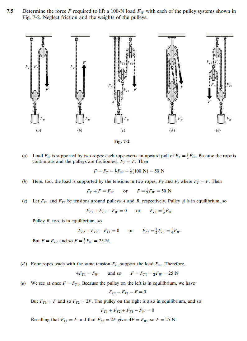 Determine the force F required to lift a 100-N load FV with each of the pulley s