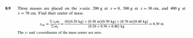 Three masses are placed on the x-axis: 200 g at x = 0, 500 g at x = 30 cm, and 4