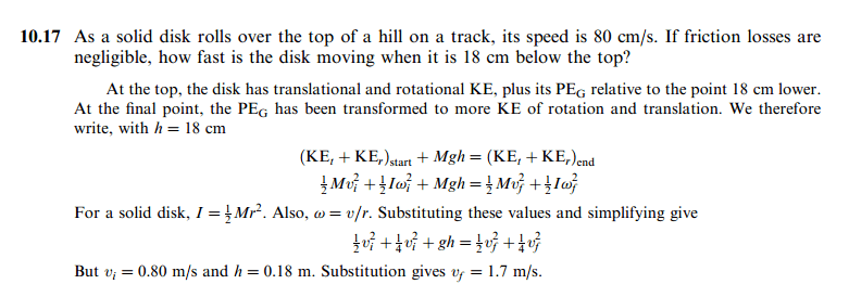 As a solid disk rolls over the top of a hill on a track, its speed is 80 cm/s. I