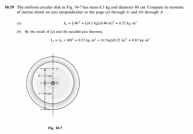 The uniform circular disk in Fig. 10-7 has mass 6.5 kg and diameter 80 cm. Compu