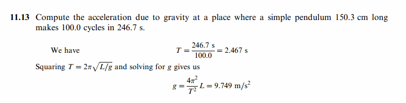 Compute the acceleration due to gravity at a place where a simple pendulum 150.3