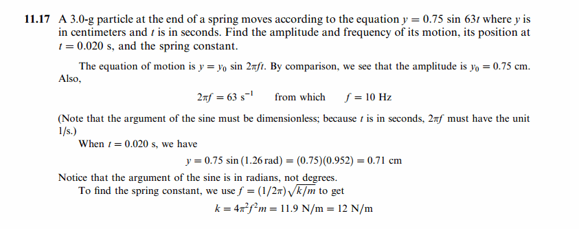 A 3.0-g particle at the end of a spring moves according to the equation y = 0.75