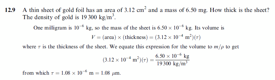 A thin sheet of gold foil has an area of 3.12 cm2 and a mass of 6.50 mg. How thi