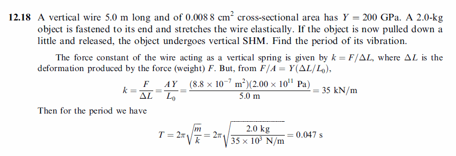 A vertical wire 5.0 m long and of 0.0088 cm2 cross-sectional area has Y = 200 GP