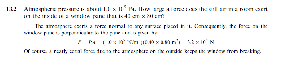Atmospheric pressure is about 1.0 x 105 Pa. How large a force does the still air