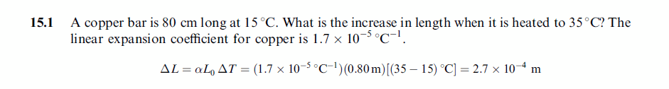 A copper bar is 80 cm long at 15 °C. What is the increase in length when it is 