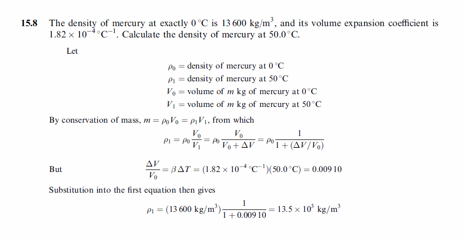 The density of mercury at exactly 0 °C is 13600 kg/m3, and its volume expansion
