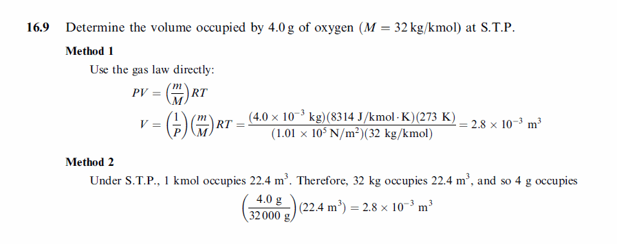 Determine the volume occupied by 4.0 g of oxygen (M = 32 kg/kmol) at S.T.P.