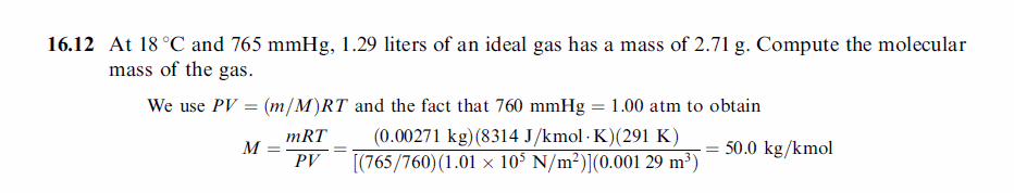 At 18 °C and 765 mmHg, 1.29 liters of an ideal gas has a mass of 2.71 g. Comput