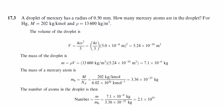 A droplet of mercury has a radius of 0.50 mm. How many mercury atoms are in the 