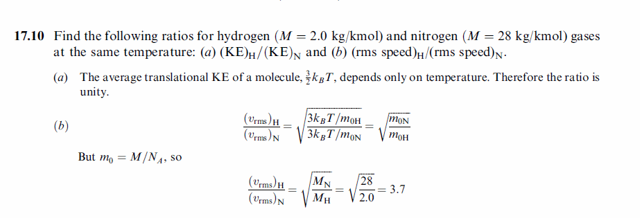 Find the following ratios for hydrogen (M = 2.0 kg/kmol) and nitrogen (M = 28 kg