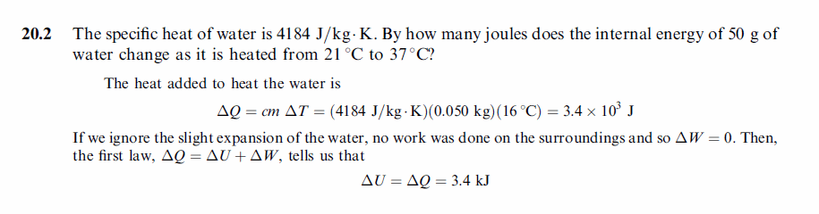 The specific heat of water is 4184 J/kg·K. By how many joules does the internal