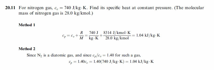 For nitrogen gas, cv = 740 J/kg·K. Find its specific heat at constant pressure.