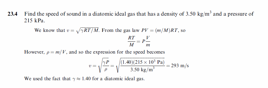 Find the speed of sound in a diatomic ideal gas that has a density of 3.50 kg/m3