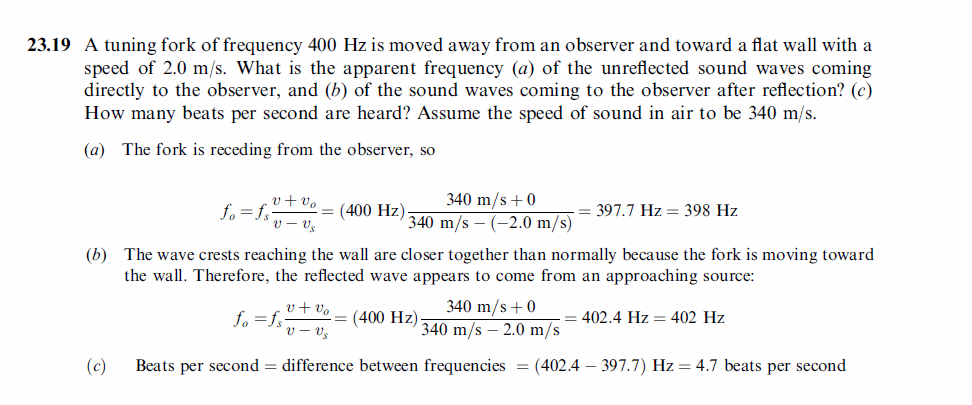 A tuning fork of frequency 400 Hz is moved away from an observer and toward a fl