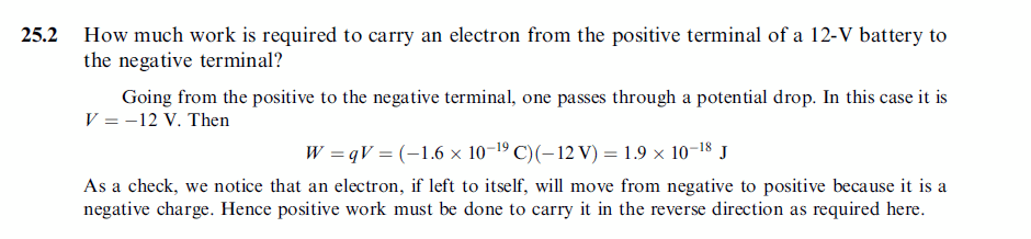 How much work is required to carry an electron from the positive terminal of a 1