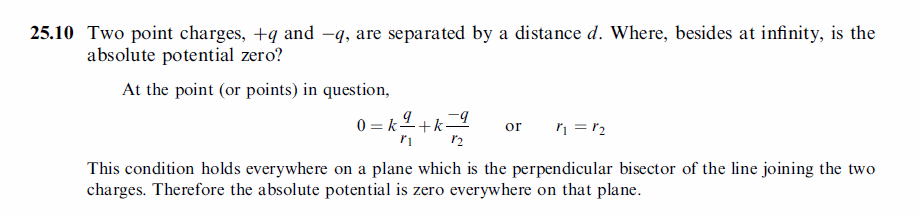 Two point charges, +q and —q, are separated by a distance d. Where, besides at