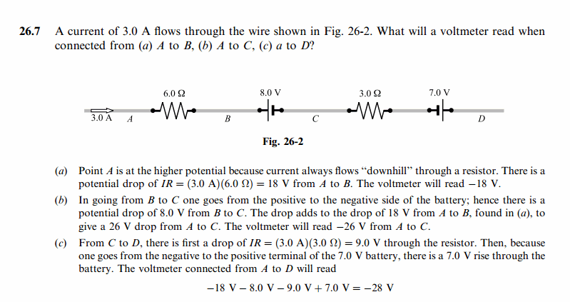A current of 3.0 A flows through the wire shown in Fig. 26-2. What will a voltme