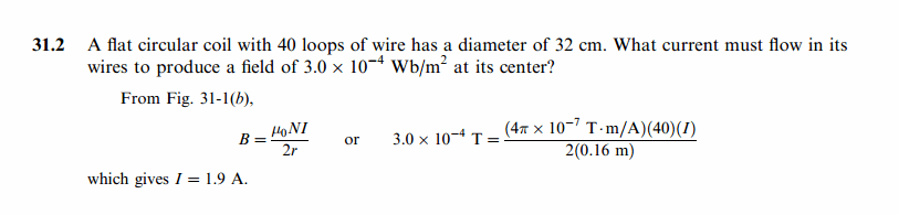 A flat circular coil with 40 loops of wire has a diameter of 32 cm. What current