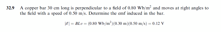 A copper bar 30 cm long is perpendicular to a field of 0.80 Wb/m2 and moves at r
