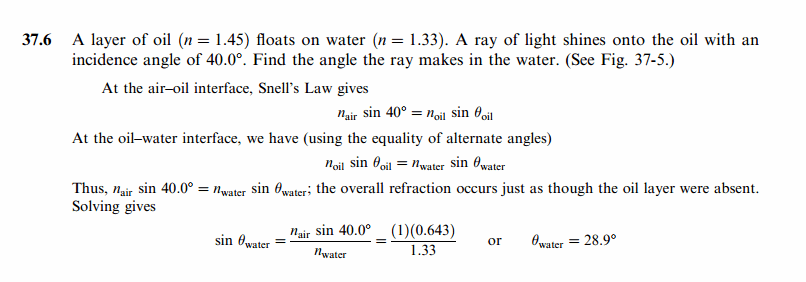 A layer of oil (n = 1.45) floats on water (n = 1.33). A ray of light shines onto