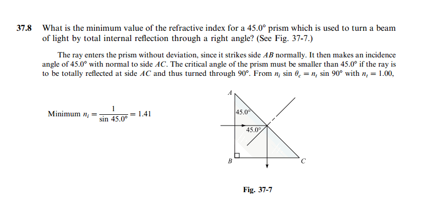 What is the minimum value of the refractive index for a 45.0° prism which is us