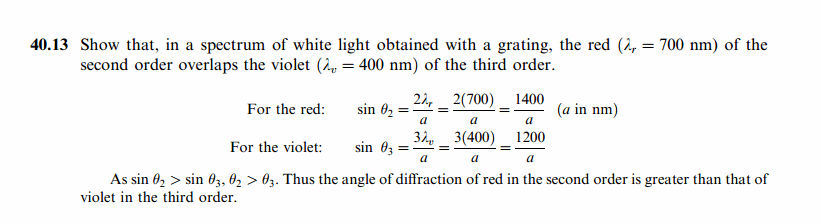 Show that, in a spectrum of white light obtained with a grating, the red (Lr = 7