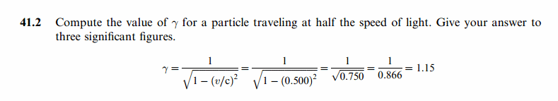 Compute the value of y for a particle traveling at half the speed of light. Give