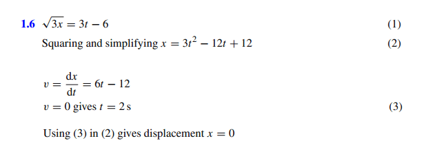 The relation 3t  = sqrt(3)x + 6 describes the displacement of a particle in one 