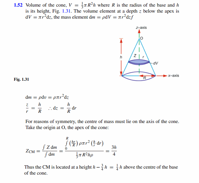 Find the centre of mass of a solid cone of height h.
