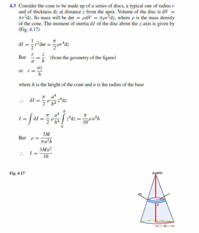 Show that the moment of inertia of a right circular cone of mass M , height h an