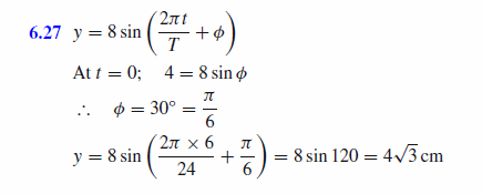 A SHM is given by y  = 8sin(2pi/t+f), the time period being 24 s. At t = 0, the 