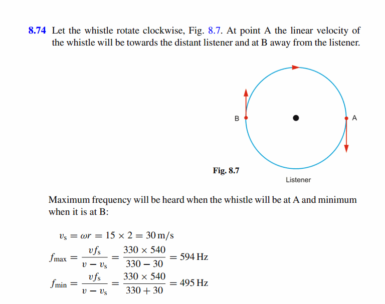 A whistle of frequency 540 Hz rotates in a circle of radius 2 m at an angular sp