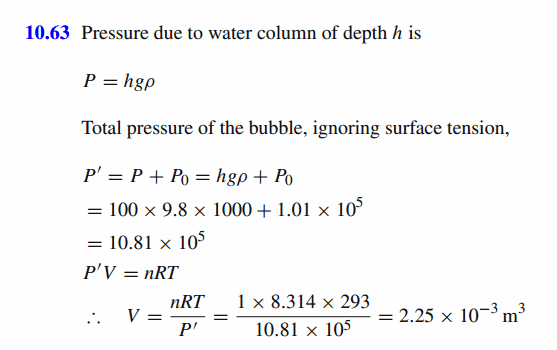A mole of gaseous molecules in a bubble obeys the ideal gas law. What is the vol