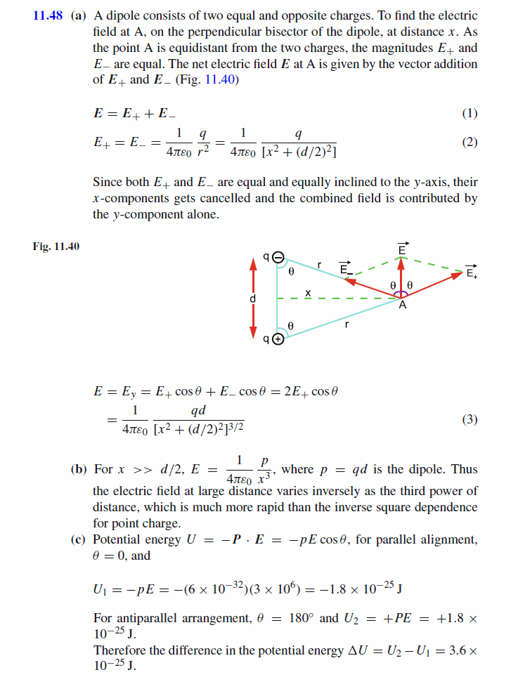 (a)  Calculate the electric field due to a dipole on its perpendicular bisector.