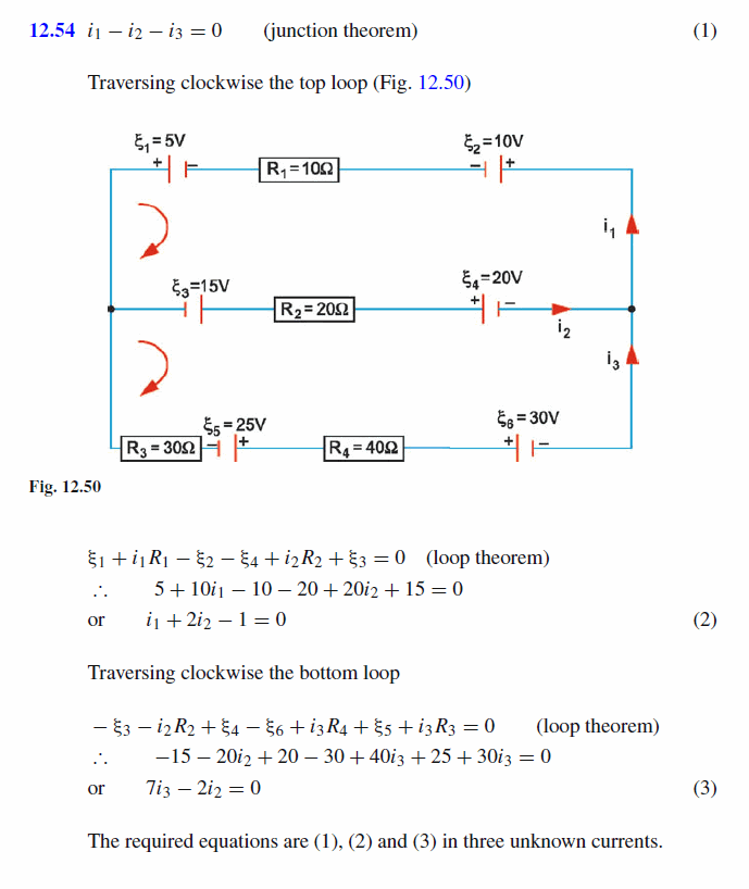 Apply Kirchhoff's rules to the circuit shown in Fig. 12.28 to produce three equa