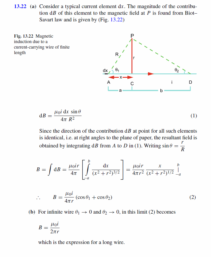 A current I flows through a straight wire AB of finite length. (a)  Find the mag
