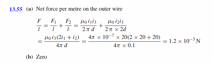 Three long parallel wires, each carrying 20 A in the same direction, are placed 