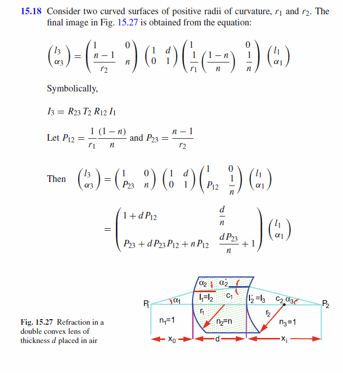 Obtain the matrix equation for a pair of surfaces of radii r1 and r2 and refract