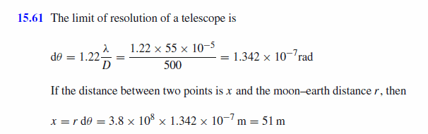 Find the separation of two points on the moon that can be resolved by a 500 cm t