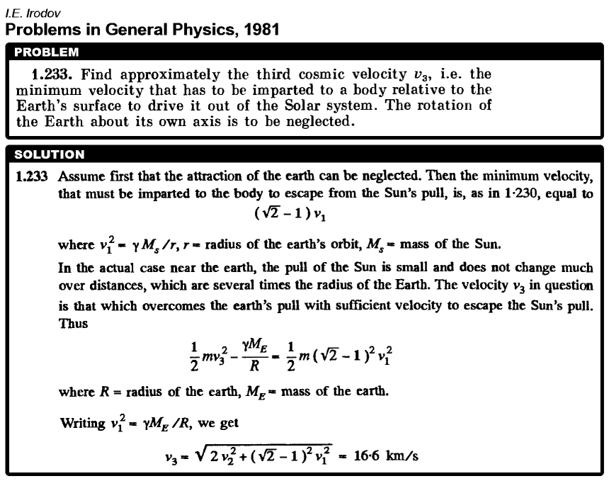 Find approximately the third cosmic velocity v3, i.e. the minimum velocity that 