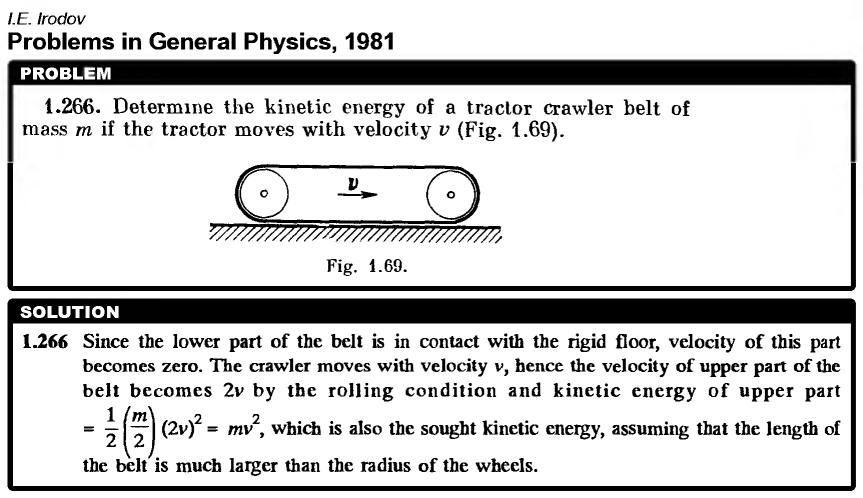 Determine the kinetic energy of a tractor crawler belt of mass m if the tractor 