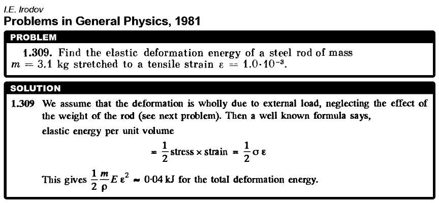 Find the elastic deformation energy of a steel rod of mass m = 3.1 kg stretched 