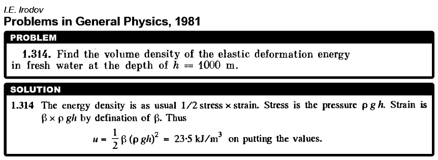 Find the volume density of the elastic deformation energy in fresh water at the 