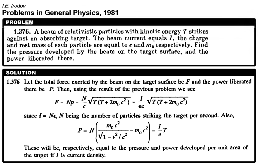 A beam of relativistic particles with kinetic energy T strikes against an absorb