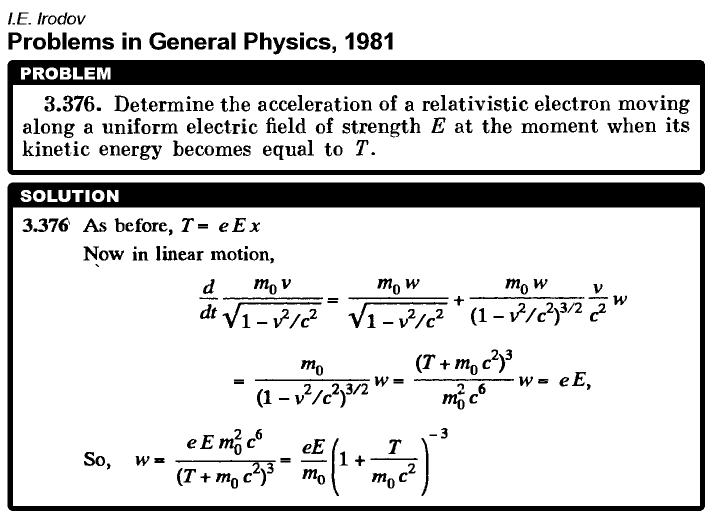 Determine the acceleration of a relativistic electron moving along a uniform ele